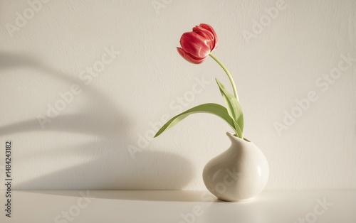 Ceramic Ikebana Vase with Single Tulip, Soft Shadow on White Tabletop - Japanese Minimalist Floral Aesthetic
