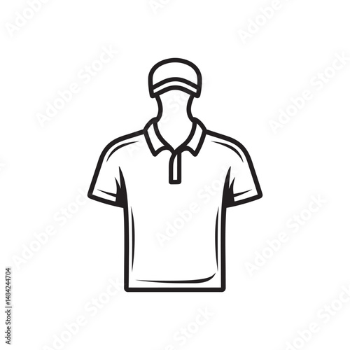 Black outlined polo shirt paired with cap presents a minimalist aesthetic on transparent background