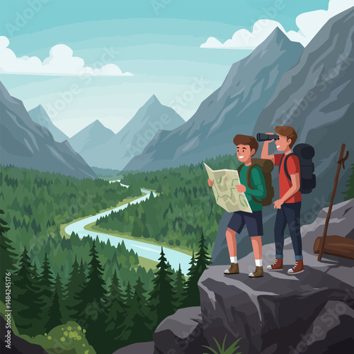 Hiking Men Looking at Map and Landscape with Binoculars in Mountains