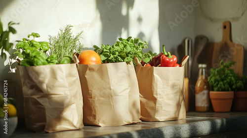 Grocery shopping action home kitchen product display bright environment close-up view healthy eating concept