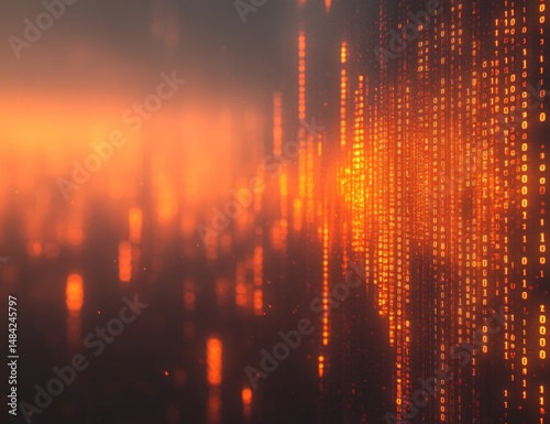 Abstract digital wall with orange binary code, blurred background