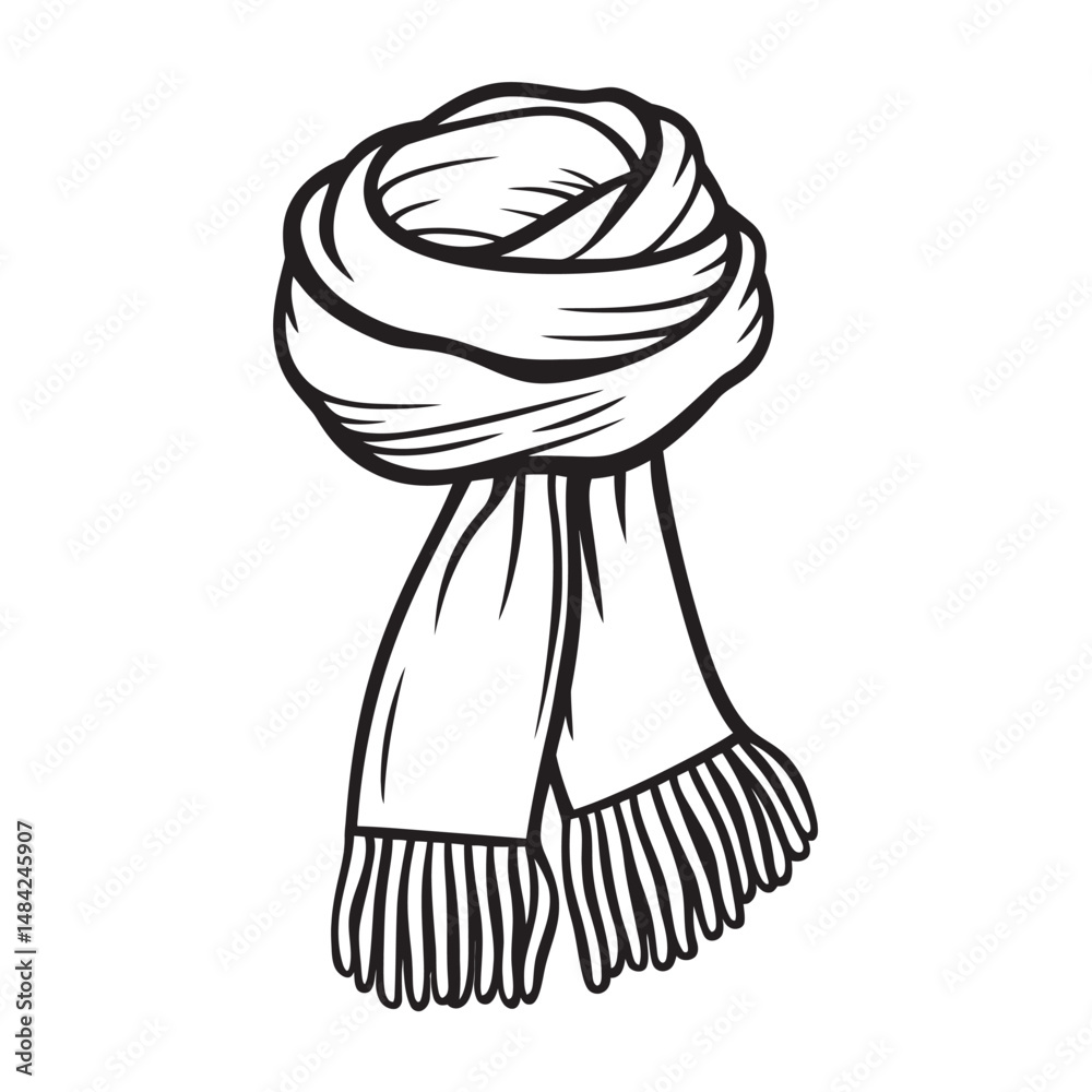Obraz premium Black outlined scarf shows looped fabric and fringe detail on a transparent backdrop