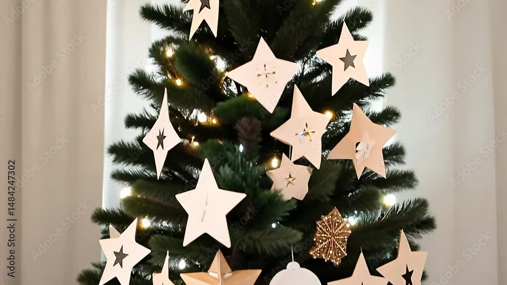 Tilt up video along a nordic-style tree decorated with wooden stars, white paper ornaments, simple string lights (fairy lights) in a minimalist scandinavian aesthetic, clean lines, simple