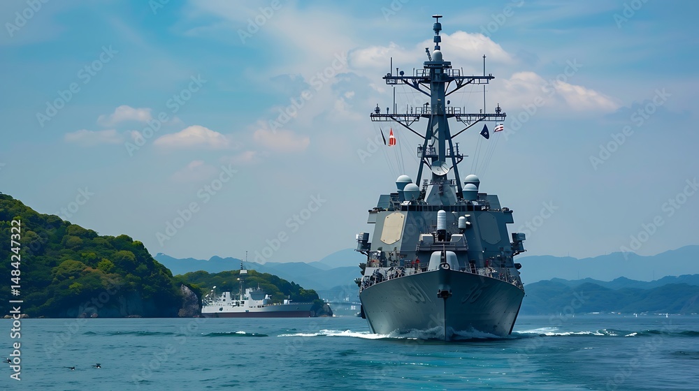 Fototapeta premium Navy Ship Sailing Across Blue Ocean Near Lush Green Island Under Bright Sky