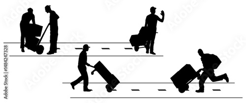 Silhouettes of Workers Transporting Boxes with Hand Trucks


