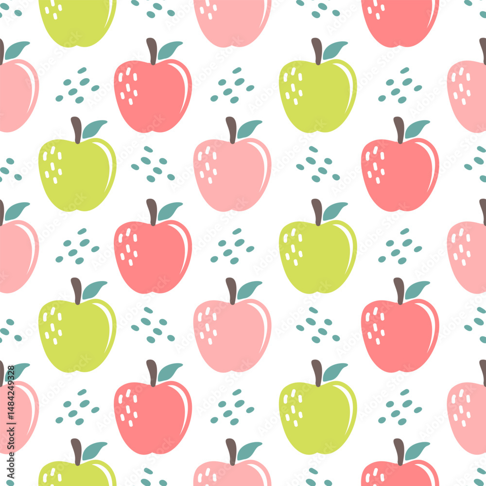 Cute apple hand drawn, seamless design for print on fabric and other uses. Cute apple hand drawn, seamless design for print on fabric and other uses.