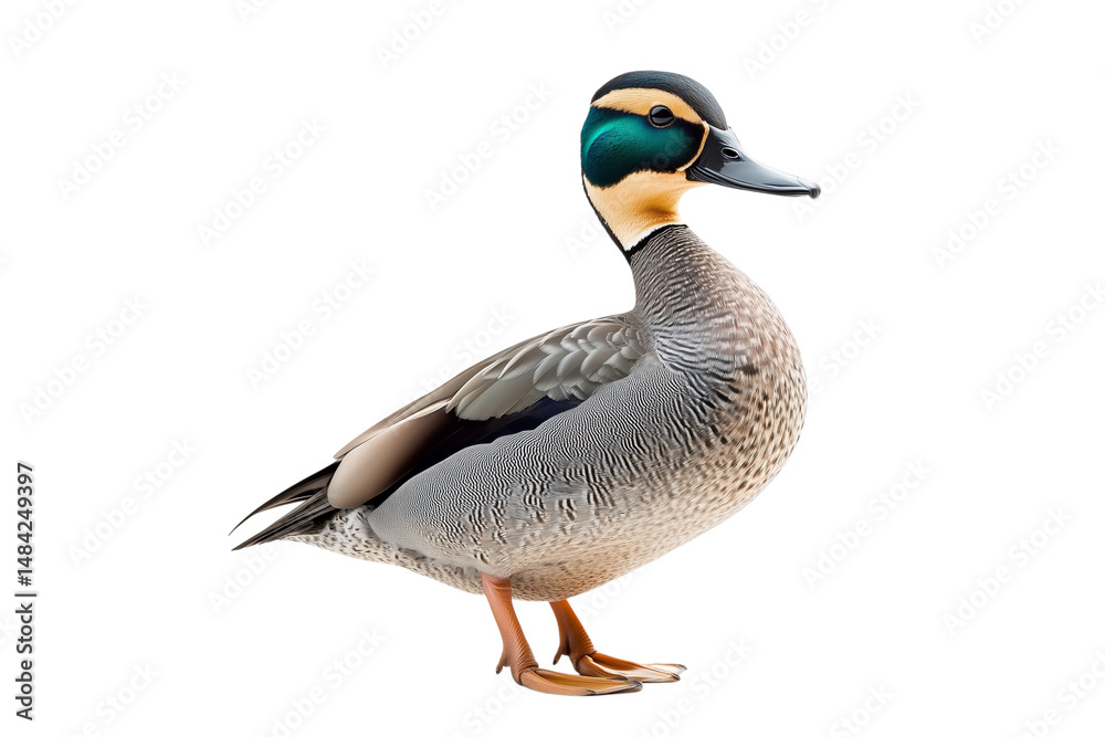 Obraz premium A high-resolution full-body image of a Eurasian teal duck standing, showcasing detailed plumage and vibrant colors, isolated on a transparent background.