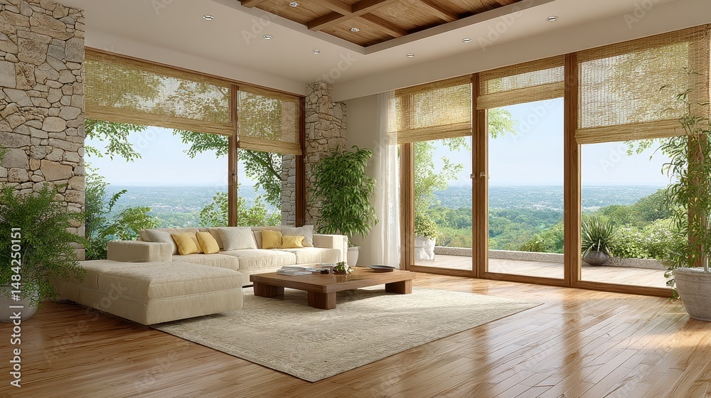 Fototapeta premium Luxurious Modern Living Room with Panoramic View Bamboo Shades