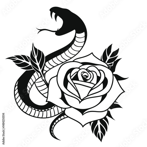 a-snake-emerging-from-a-rose-flower-in-silhouette-.eps