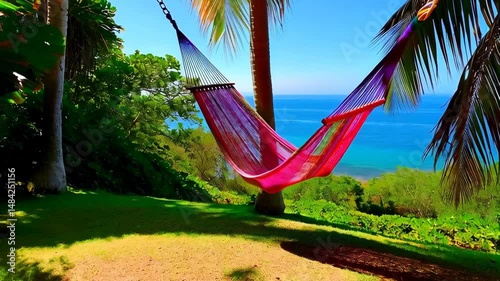 Vibrant hammock strung between palm trees with a view of ocean and green foliage in a tropical relaxing paradise getaway.