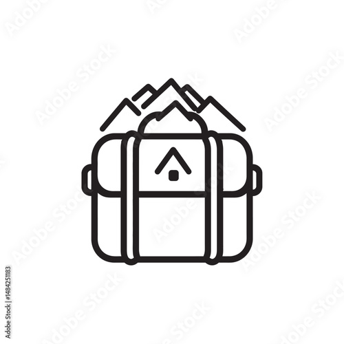 Black outlined travel duffel bag sits before mountain peaks in simple transparency
