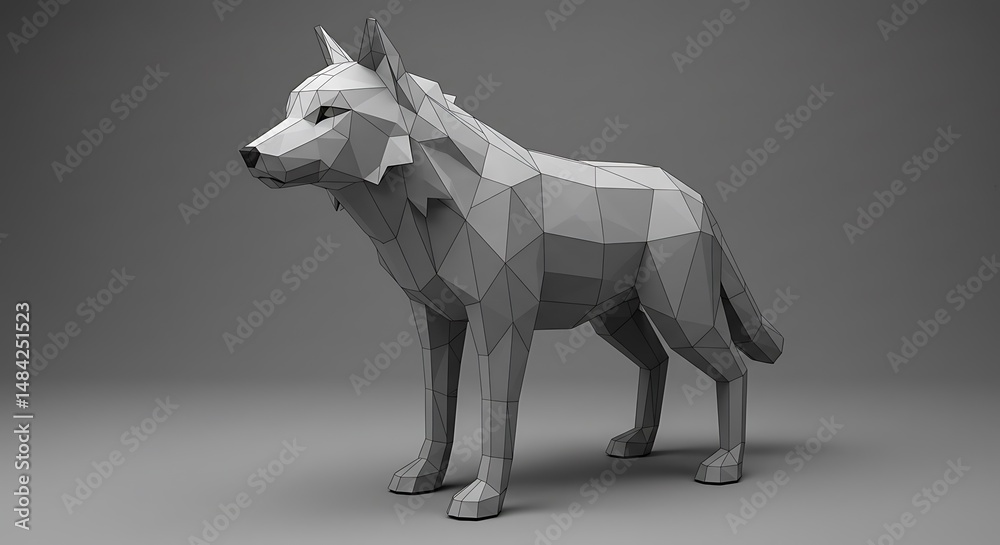 Obraz premium Low-Poly Wolf: Monochromatic 3D Render AI Generated