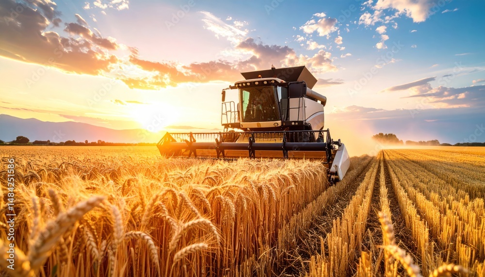 Naklejka premium Golden hour harvest: Combine working on a wheat field during a stunning sunset