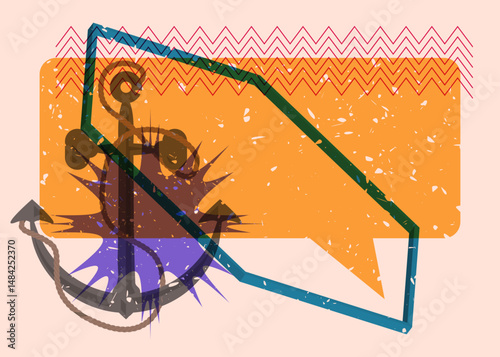 Risograph Anchor with speech bubble with geometric shapes. Objects in trendy riso graph print texture style design with geometry elements.