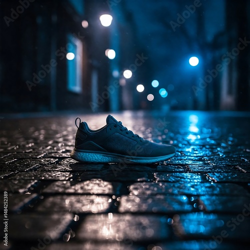 Sneaker on Wet Street, Urban Night Footwear, Cobblestone Shoe Scene, Dark Sneaker Reflections, Atmospheric Urban Style, Wet Street Shoe, Night City Footwear, Urban Light Reflections

 photo