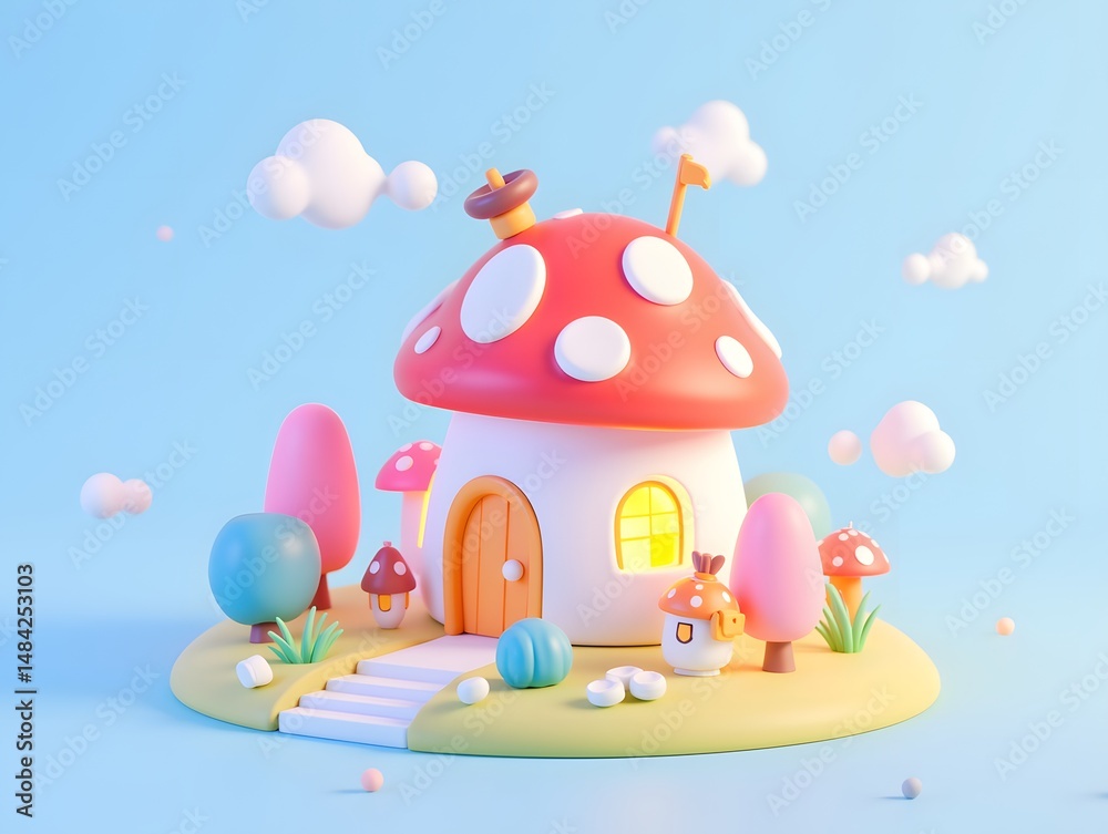 Fototapeta premium Mushroom house fantasy imagination scene fairy tale 3D illustration
