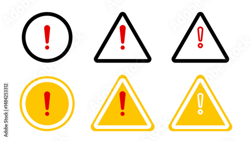 Danger warning icon set. fatal error message element, exclamation mark of warning attention. Warning, precaution, attention, alert icon, exclamation mark in the triangle. Vector illustration
