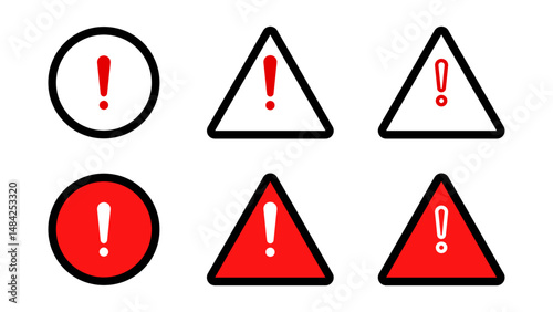 Danger warning icon set. fatal error message element, exclamation mark of warning attention. Warning, precaution, attention, alert icon, exclamation mark in the triangle. Vector illustration