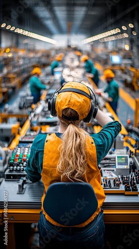 Workers on an assembly line, wearing protective gear. Busy factory environment