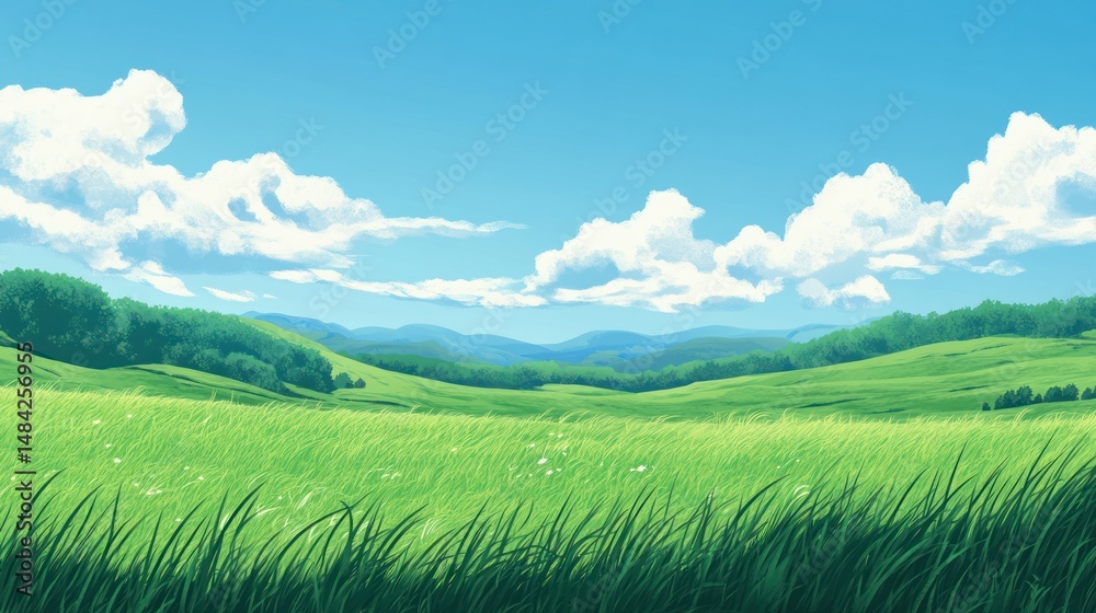 Fototapeta premium Lush green meadow stretching to distant hills under a vibrant blue sky, dotted with fluffy white clouds. Rolling hills and trees create a tranquil landscape
