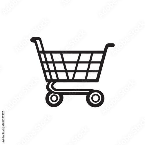 Black shopping cart icon depicts retail and supermarket purchasing symbol with transparency