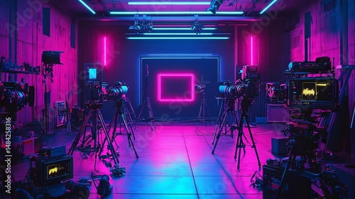 A vibrant film studio with multiple cameras set up, illuminated by neon lights, creating a dynamic atmosphere