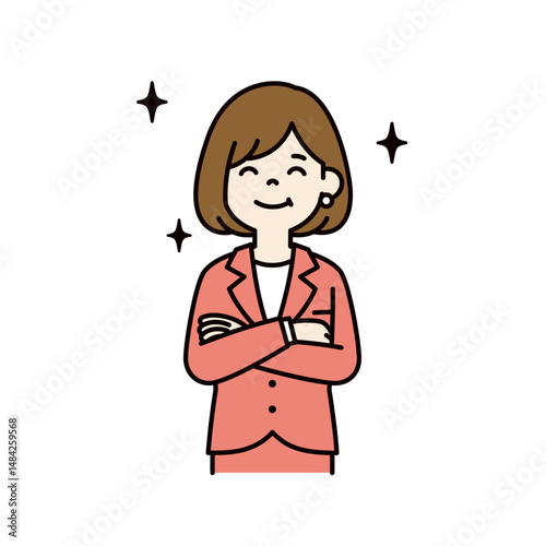 満足そうな顔で微笑む、若い女性会社員のベクターイラスト素材＿線幅の編集可能＿カラー