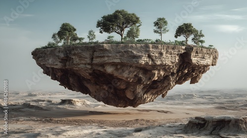 A surreal floating rock island with lush green trees hovers above a barren desert landscape under a calm sky.