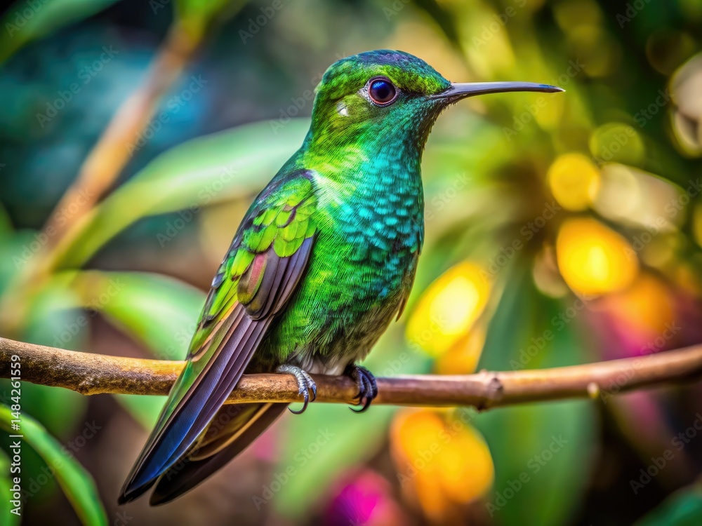 Green Tropical Hummingbird on Branch - Architectural Photography, Lush Rainforest, Bird Photography, Wildlife, Nature Green Tropical Hummingbird on Branch - Architectural Photography, Lush Rainforest, Bird Photography, Wildlife, Nature