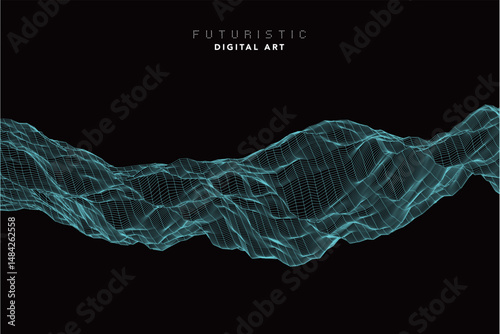 futuristic abstract digital cyan wave line art, dynamic 3d terrain mesh with particle grid, technology wireframe landscape, cyber data flow visualization for modern sci-fi background creative design