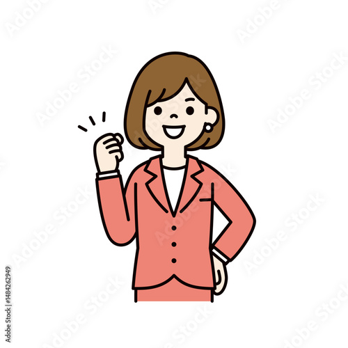 笑顔でガッツポーズをする、若い女性会社員のベクターイラスト素材＿線幅の編集可能＿カラー