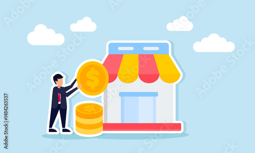 Businessman holding coin beside store illustration of take profit in retail business
