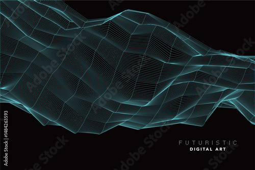 futuristic abstract digital cyan wave line art, dynamic 3d terrain mesh with particle grid, technology wireframe landscape, cyber data flow visualization for modern sci-fi background creative design