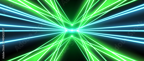Laser rays or beams light effect, glowing neon lines, bright futuristic background. Concert or nightclub spotlights. Vector illustration.