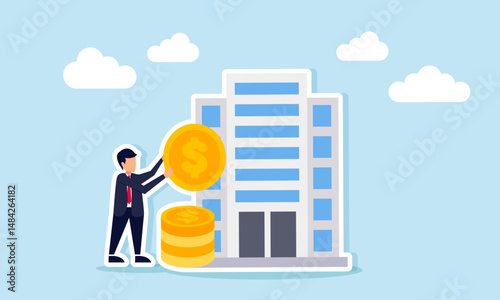 Businessman holding coin beside company building illustration of take profit in big capital business