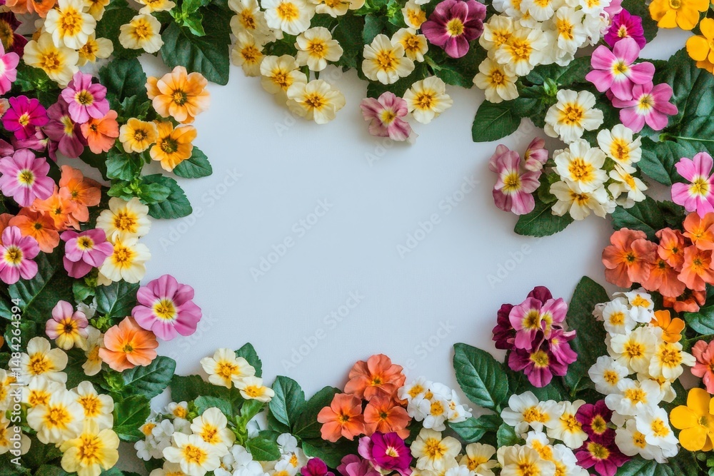 Fototapeta premium Colorful floral frame with vibrant spring blossoms.