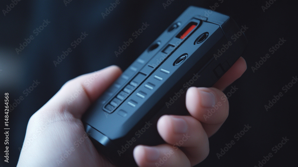 Obraz premium Holding Small Electronic Device with Red Indicator Light, Close-up