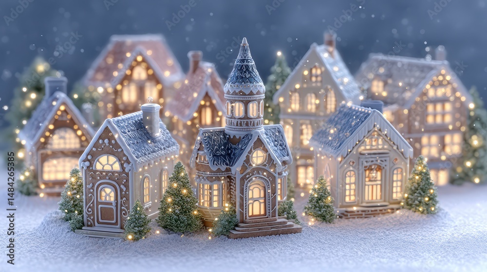 Fototapeta premium Enchanting Gingerbread Village Illuminated Houses Cozy Winter Scene Festive Holiday