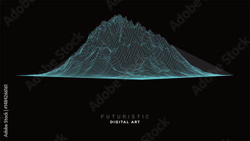 futuristic abstract digital cyan wave line art, dynamic 3d terrain mesh with particle grid, technology wireframe landscape, cyber data flow visualization for modern sci-fi background creative design