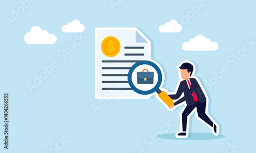 Businessman analyzing profitable project opportunities with magnifying glass near dollar coin document and briefcase illustration