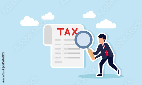 Businessman examining tax document with magnifying glass illustration of corporate tax report analysis