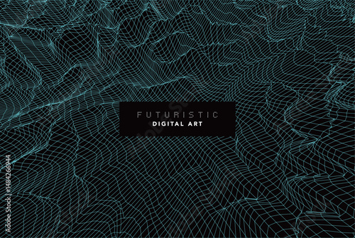 futuristic abstract digital cyan wave line art, dynamic 3d terrain mesh with particle grid, technology wireframe landscape, cyber data flow visualization for modern sci-fi background creative design