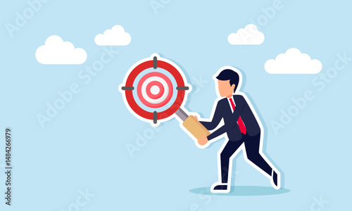 Businessman holding target-shaped magnifying glass examining target board illustration of comprehensive business target analysis