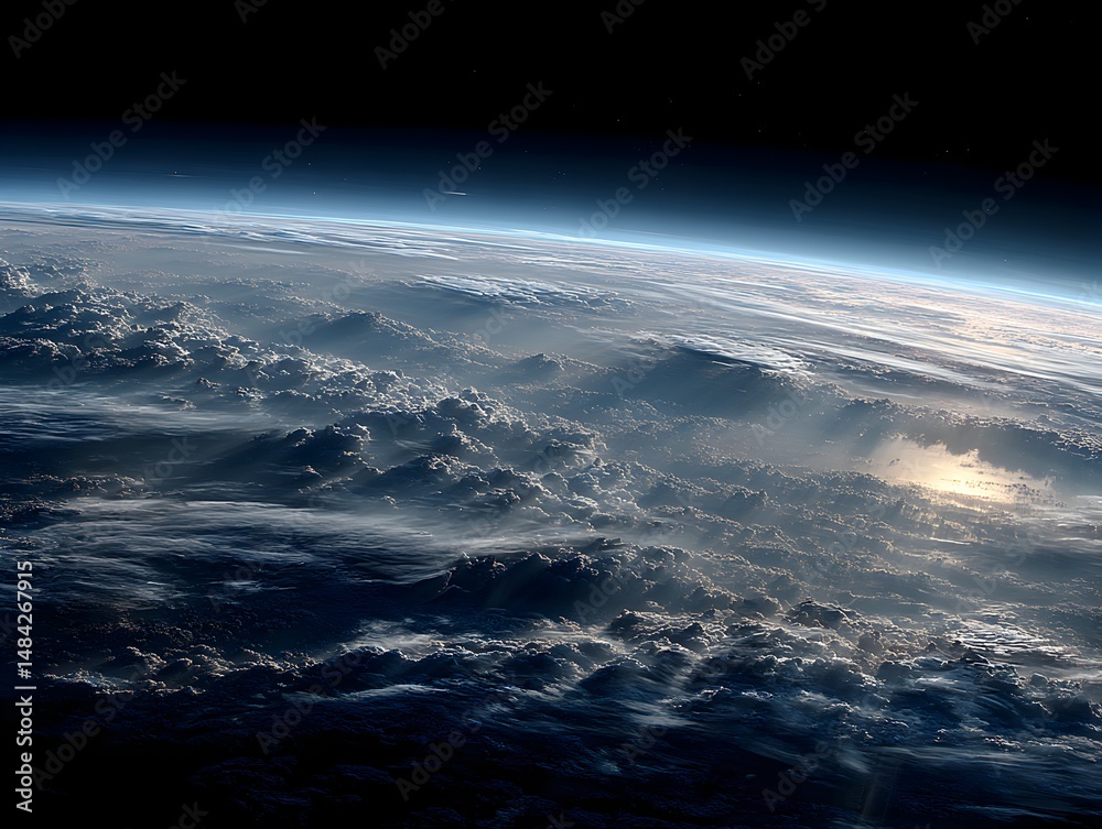 Fototapeta premium Stunning high-resolution photograph of Earth from space showcasing a breathtaking view of clouds illuminated by sunlight above the planet's