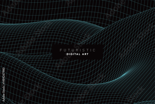 futuristic abstract digital cyan wave line art, dynamic 3d terrain mesh with particle grid, technology wireframe landscape, cyber data flow visualization for modern sci-fi background creative design