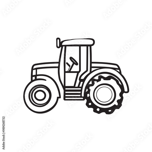Bold line art depicts a tractor with detailed wheels over a transparent background