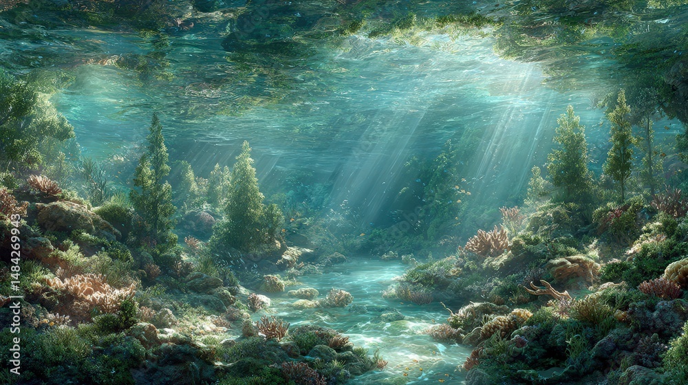 Fototapeta premium Enchanting Underwater Forest Sunbeams Coral Reef Aquatic Plants