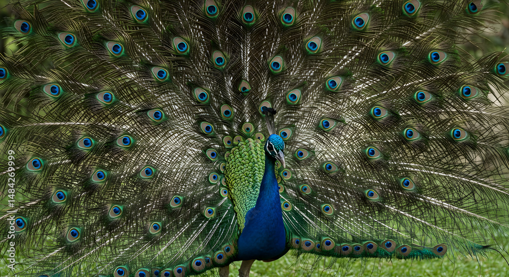Fototapeta premium Peacock Displaying Feathers on Green Grass in Nature
