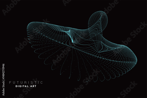 futuristic abstract digital cyan wave line art, dynamic 3d terrain mesh with particle grid, technology wireframe landscape, cyber data flow visualization for modern sci-fi background creative design