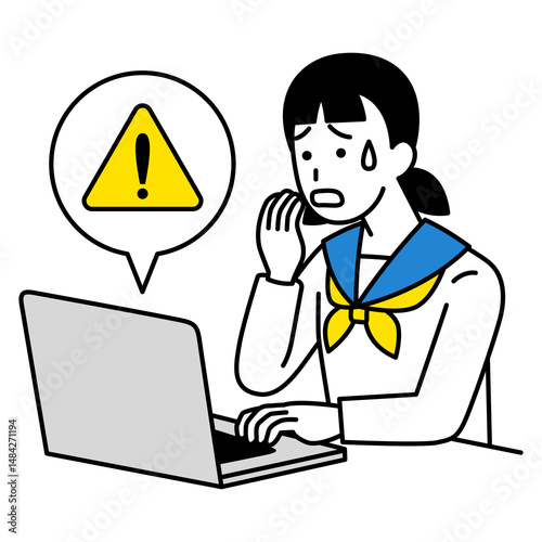 ノートパソコンにエラーマークが表示されて困る女子学生